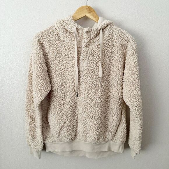 Z BY ZELLA | Beige Ivory Cozy Teddy Bear Faux Shearling Pullover Hoodie | Small - Picture 2 of 9